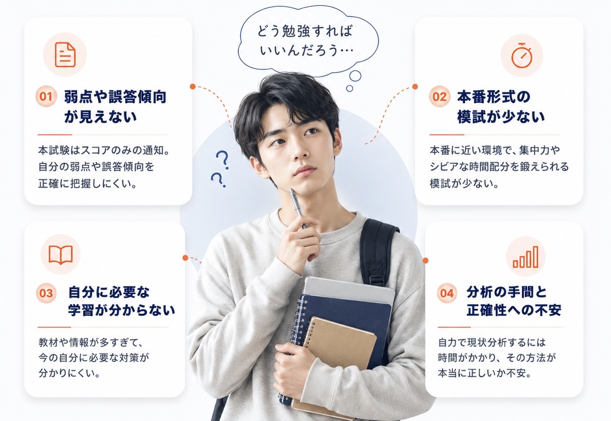 スコアだけでは弱点・誤答傾向が見えない、本番形式の模試が少ない、必要な学習が分からない、分析の手間と正確性への不安という4つの悩み