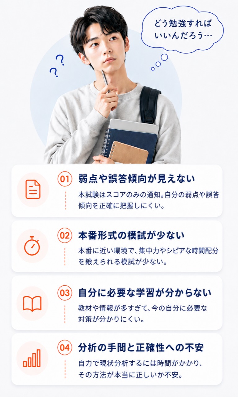 スコアだけでは弱点・誤答傾向が見えない、本番形式の模試が少ない、必要な学習が分からない、分析の手間と正確性への不安という4つの悩み